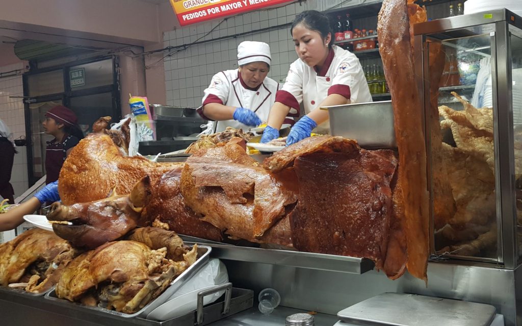 Ecuadorian Hornado (slow roasted pork) at Mercado Central, Quito