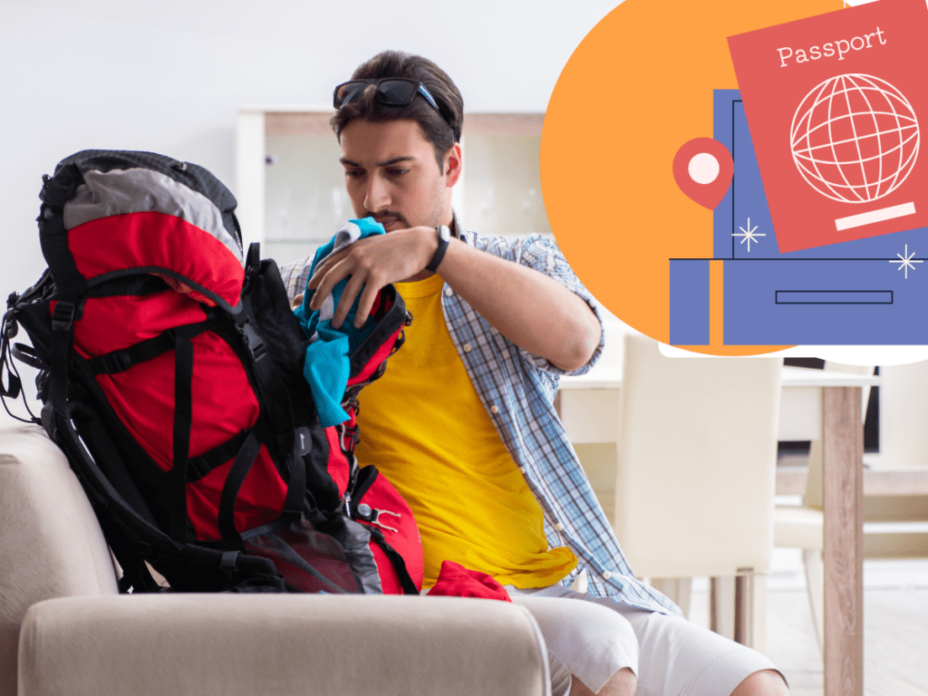 Man packing essentials for travel in backpack