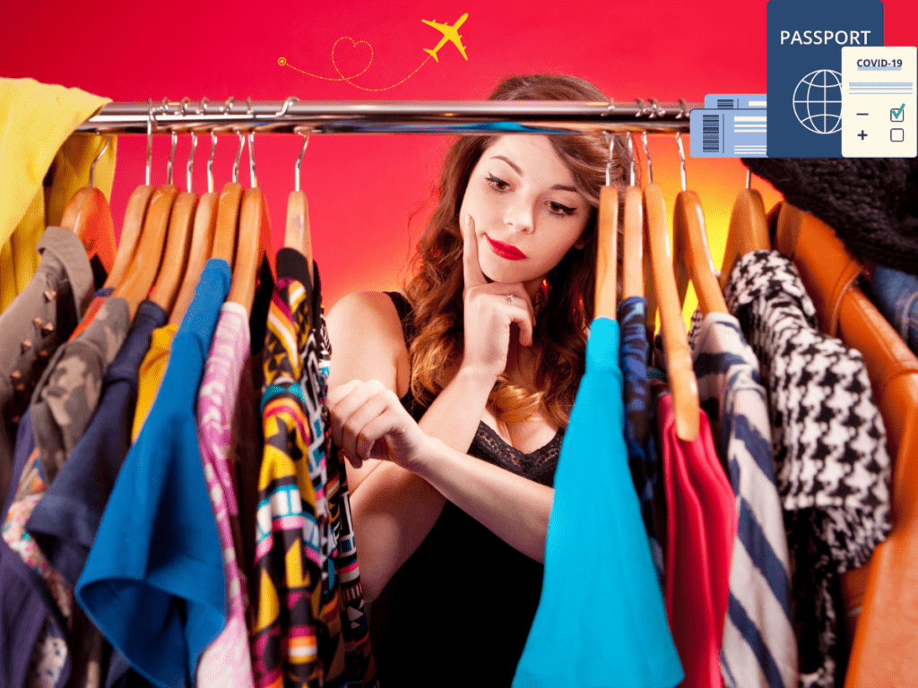 Woman standing in closet figuring out what to pack for travel