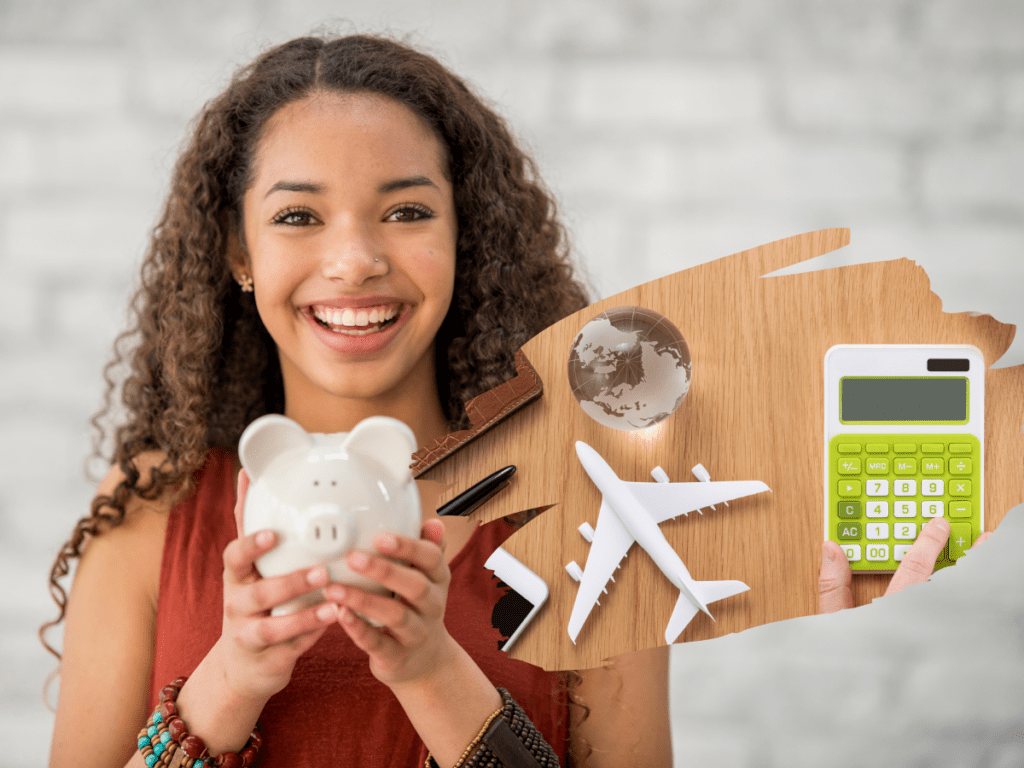 Young Lady with Piggy Bank Traveling on a Budget