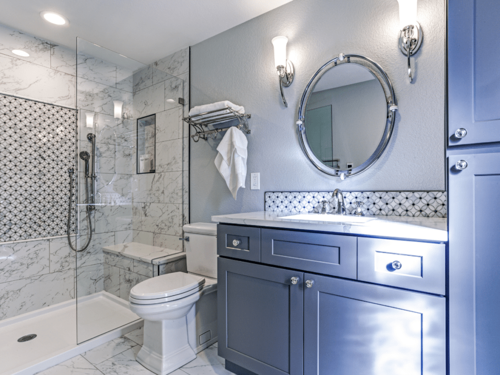 Modern Bathroom with Blue Vanity