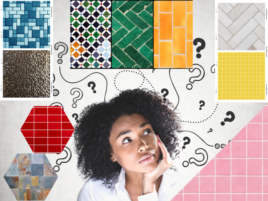 Woman looking confused about which tiles to select for her bathroom