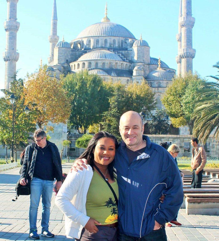 Nick and Monique Abbott standing in front of the Blue Mosque in Istanbul