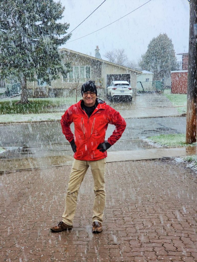 Nick Abbott standing in the snow, Toronto, Canada