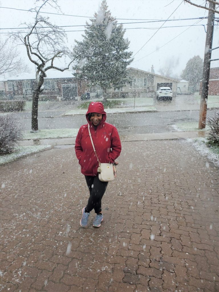 Monique Abbott standing in the snow, Toronto, Canada