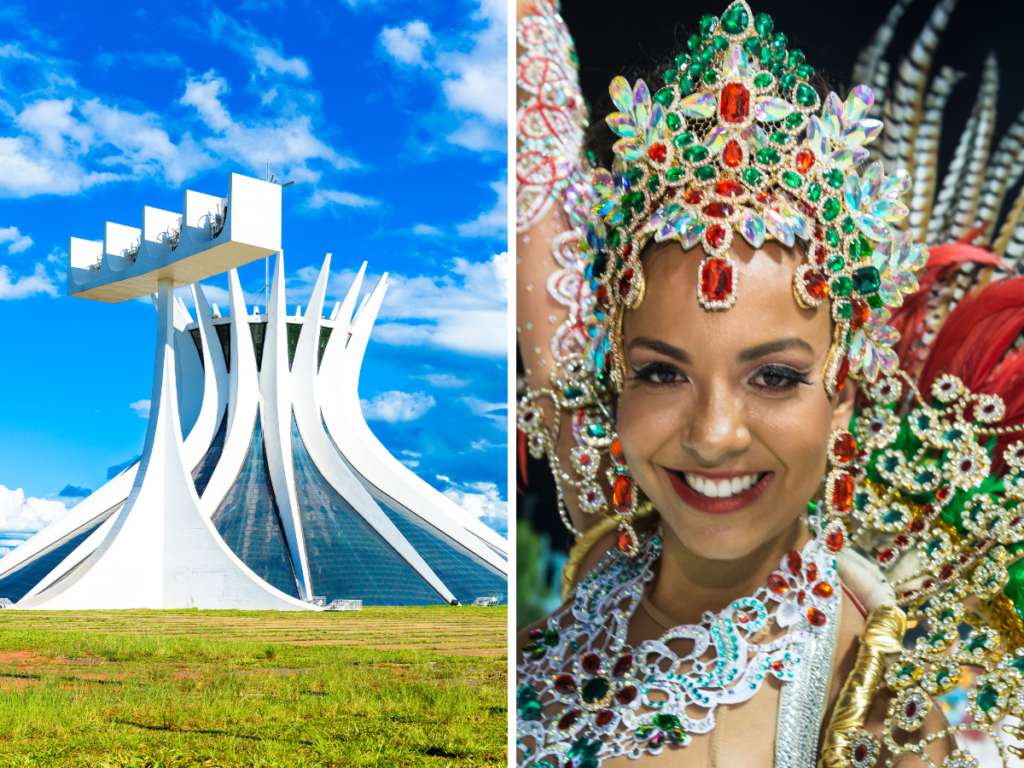 Brasilia Cathedral next to Brazilian woman dressed in carnival costume