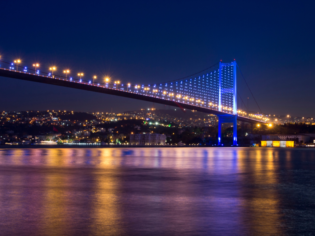 View of the Bosphorus Bridge from Dinner Cruise Boat, Istanbul, Turkey