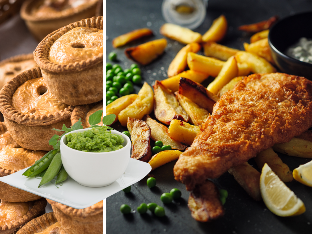 Collage showcasing fish & chips and pies from Nottingham, UK