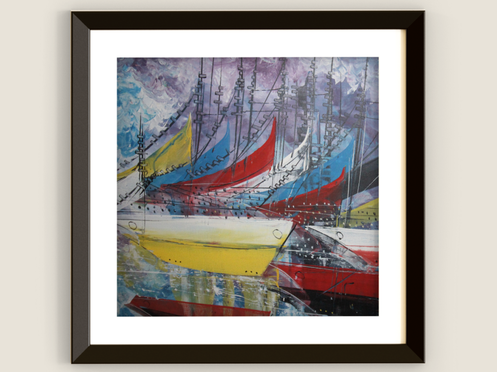 Painting from Haiti with colourful fishing boats