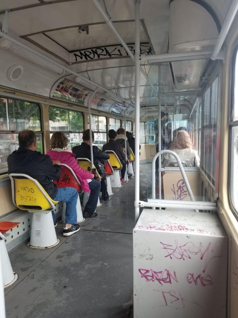People riding the Communist Era Tram, Zagreb, Croatia