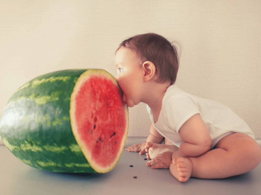 Baby biting into a huge watermelon