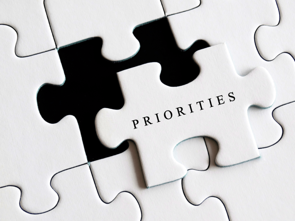 A set of white puzzle with the word priorities