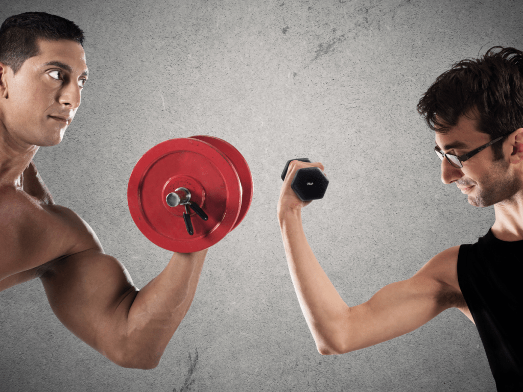 Image of slim man lifting weights compared to a fit muscular man