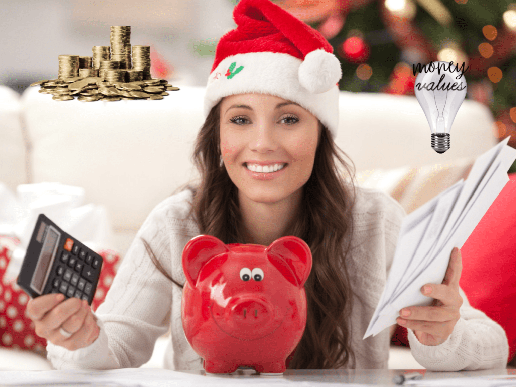 Woman wearing Santa Claus hat spending wisely at Christmas