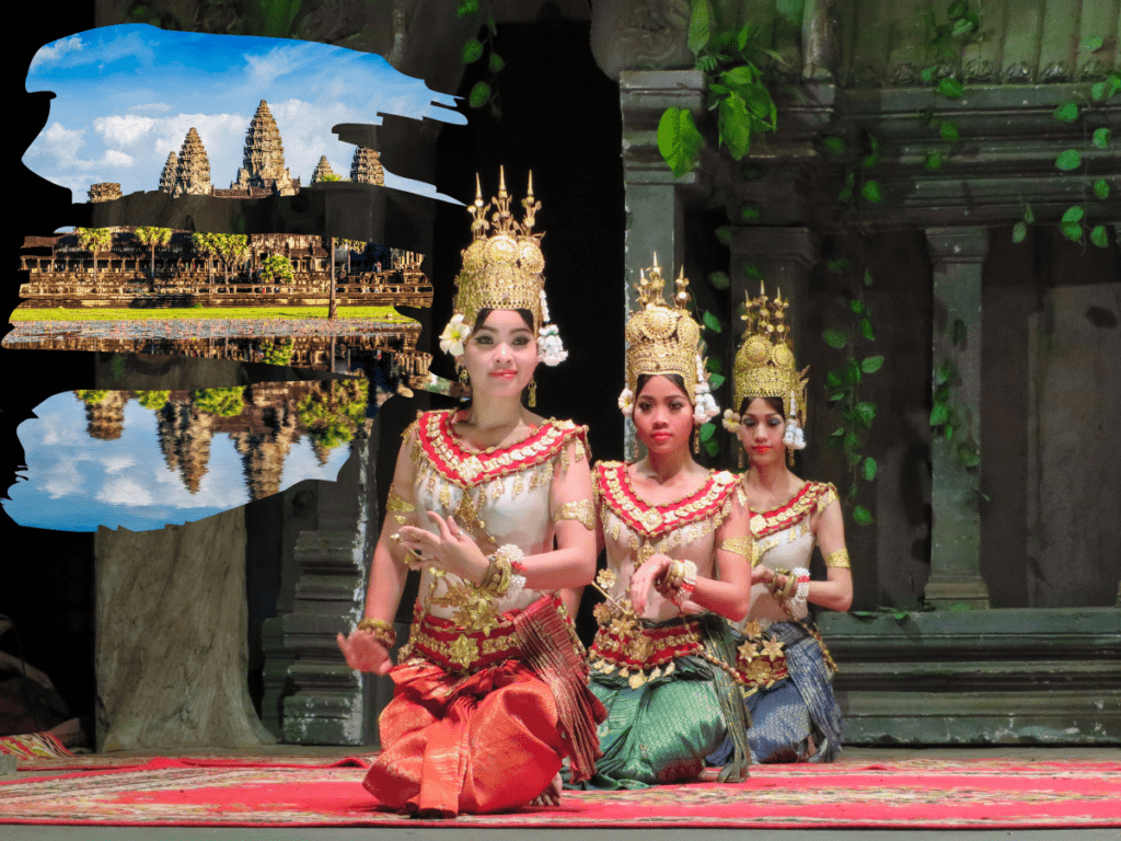 Women in Cambodia in a temple dressed in traditional clothing